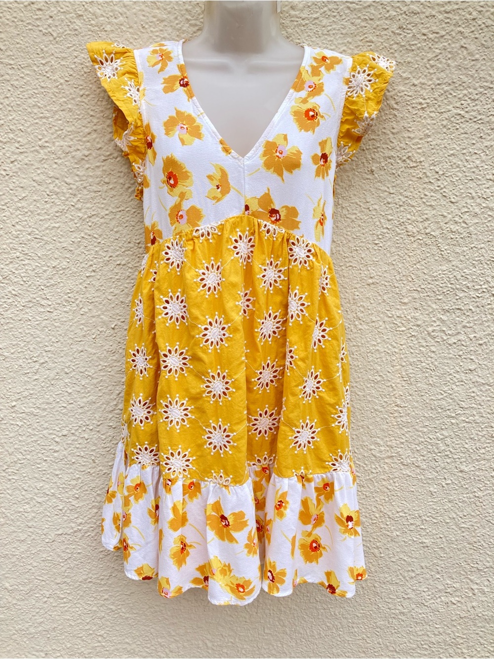 MELLODAY Yellow Floral Daisy Tiered Eyelet Dress XS